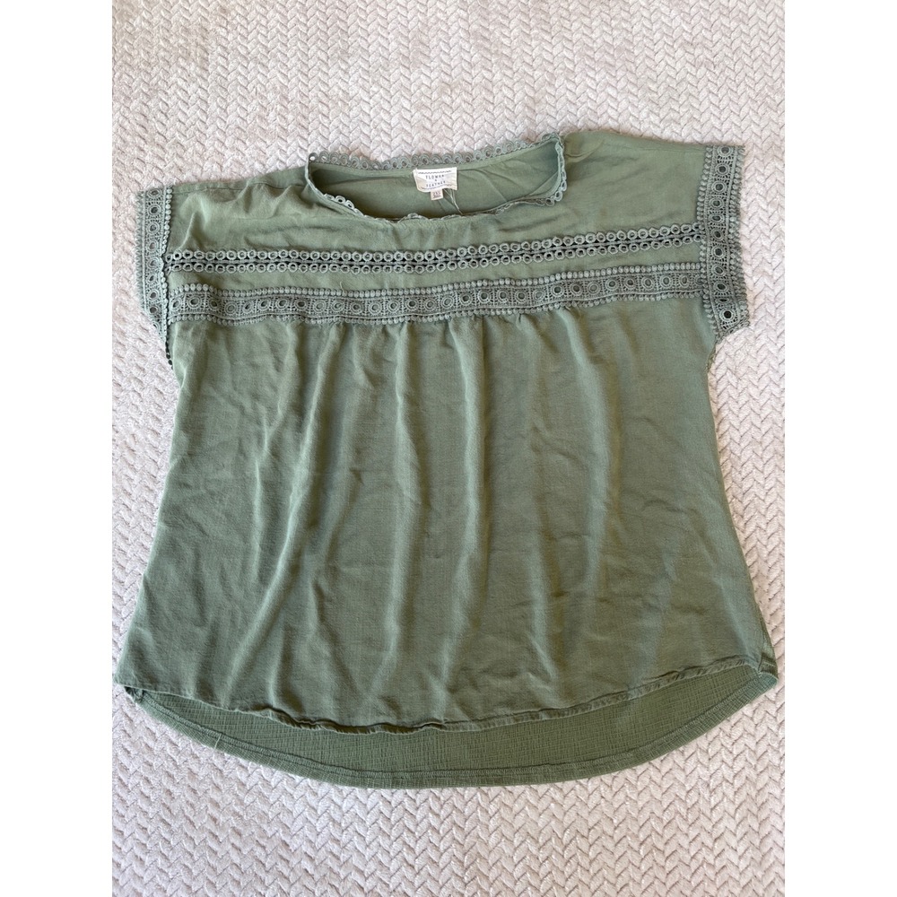 Flower & Feather Olive Green Crochet Lace Trim Boho Blouse Top 2XL